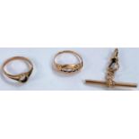 A watch chain clip and bar stamped 9ct; a 9ct hallmarked gold ring size K and a ring stamped 9ct