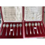 Two hallmarked silver sets of 6 teaspoons with trefoil terminals, cased, Birmingham 1959, 4 oz