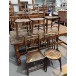 A 19th century pair of country made elm dining chairs with spindle backs; a pair of chapel chairs; 2