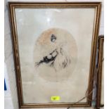 Louis Icart - dry point oval, young woman with parasol, signed in pencil, 24 x 19cm, framed
