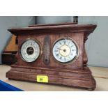 A mantel clock and barometer in stained wood case, no thermometer