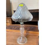 A large 1930's cut glass table lamp with mushroom shade