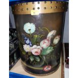 A vintage semi-circular storage bin, hand painted; a lacquer box (a.f.); a tin box; a roll top