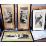 Three framed Japanese pictures with gilt highlights, two views of Mount Fuji, a Chinese