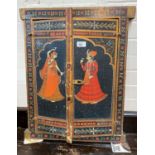 Indo Persian wooden window shutters painted with dancing male and female figures, 62 x 50 cm
