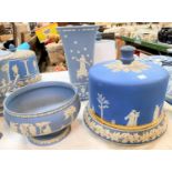 A Wedgwood light blue Jasperware large vase, height 31 cm; a fruit bowl and covered stilton dish (