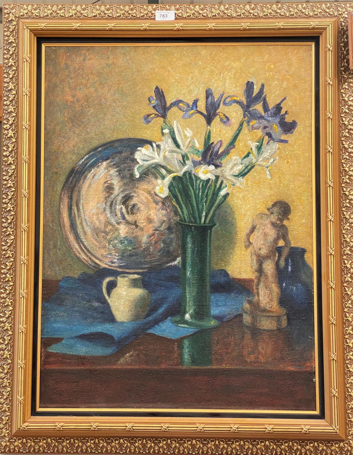 B H Richardson:  Still life, iris in a vase, un signed, attributed on the reverse, framed