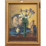 B H Richardson:  Still life, iris in a vase, un signed, attributed on the reverse, framed