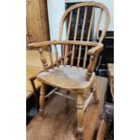 A child's elm Windsor armchair; 2 other chairs; 2 stools