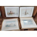Two watercolours of boats on calm waters signed H.O framed and glazed, two framed prints from the