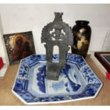 A Virgin and child icon, a piece of Asian metal ware;   a lacquer vase and a Chinese blue and