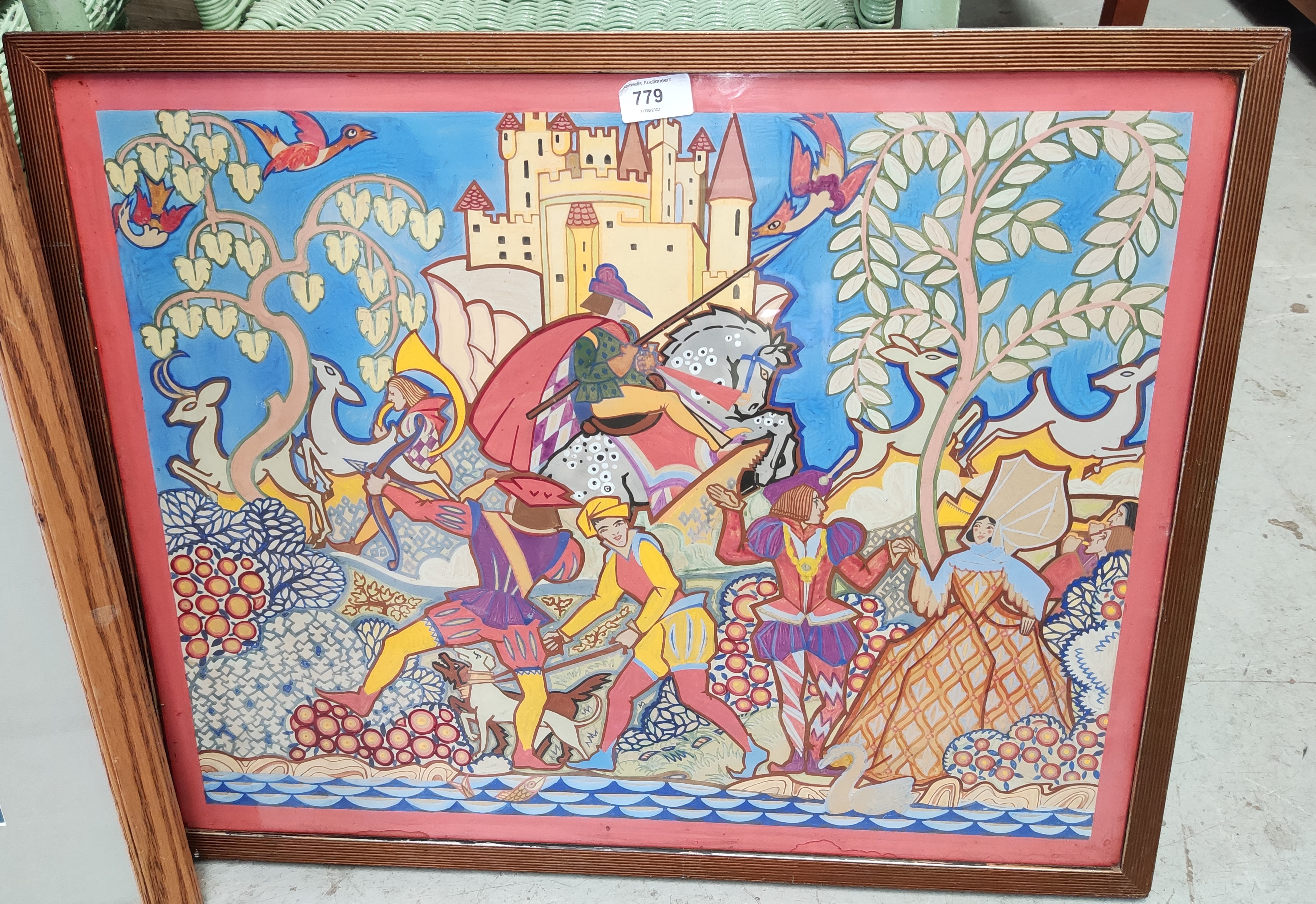 An unusual watercolour of a colourful medieval scene with continental influences, 45 x 58cm framed