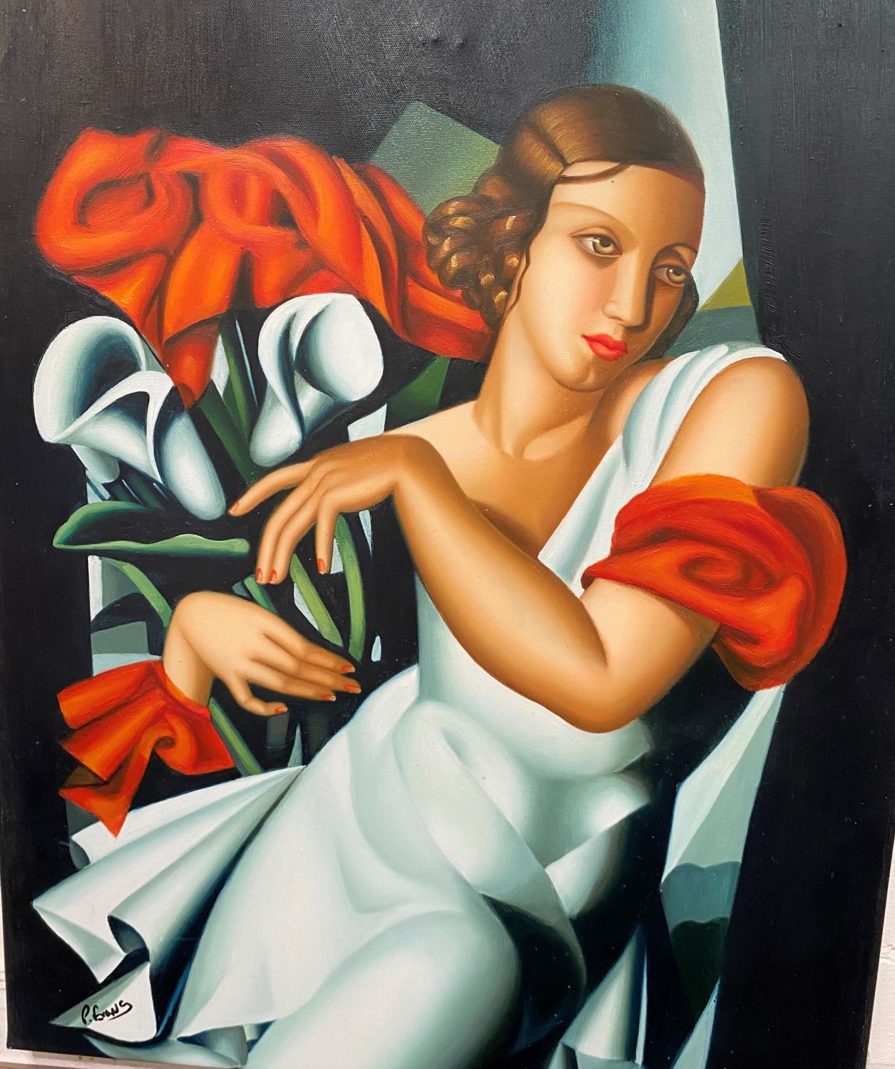 P Evans:  Portrait of a woman in the manner of Temara de Lempicka, oil on canvas, signed, 60 x 50