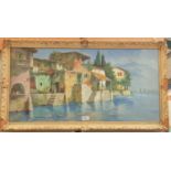 Fortini:  Italian lake scene with buildings reflected in the water, oil on canvas, signed, 39 x 80
