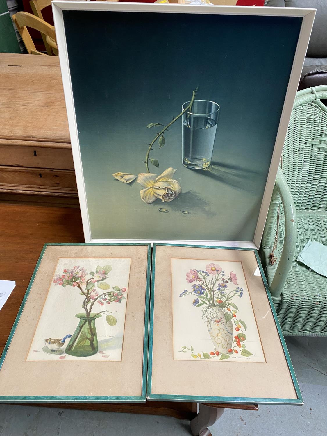 Two still life pictures after Laurence Perugini framed and glazed and another print
