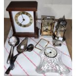 A modern carriage clock (a.f.); 3 other clocks; a silver plated sugar sifter; 4 servers