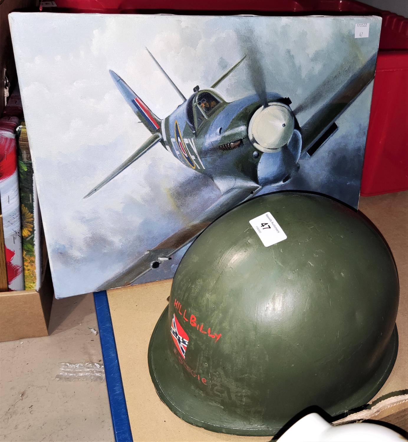 An American metal helmet from the Vietnam War period, with painted decoration; an oil painting of