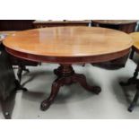 A Victorian mahogany looe table with oval top, on turned column, 3 scroll feet and castors, length