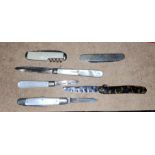 Two pearl handle and hallmarked silver fruit knives and other pocket knives