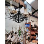 A 5 branch brass centre light; a cut glass drop chandelier and 2 matching wall lights, picture