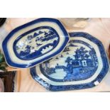 A Chinese blue & white canted meat dish with traditional scene, 36 cm; another similar; a
