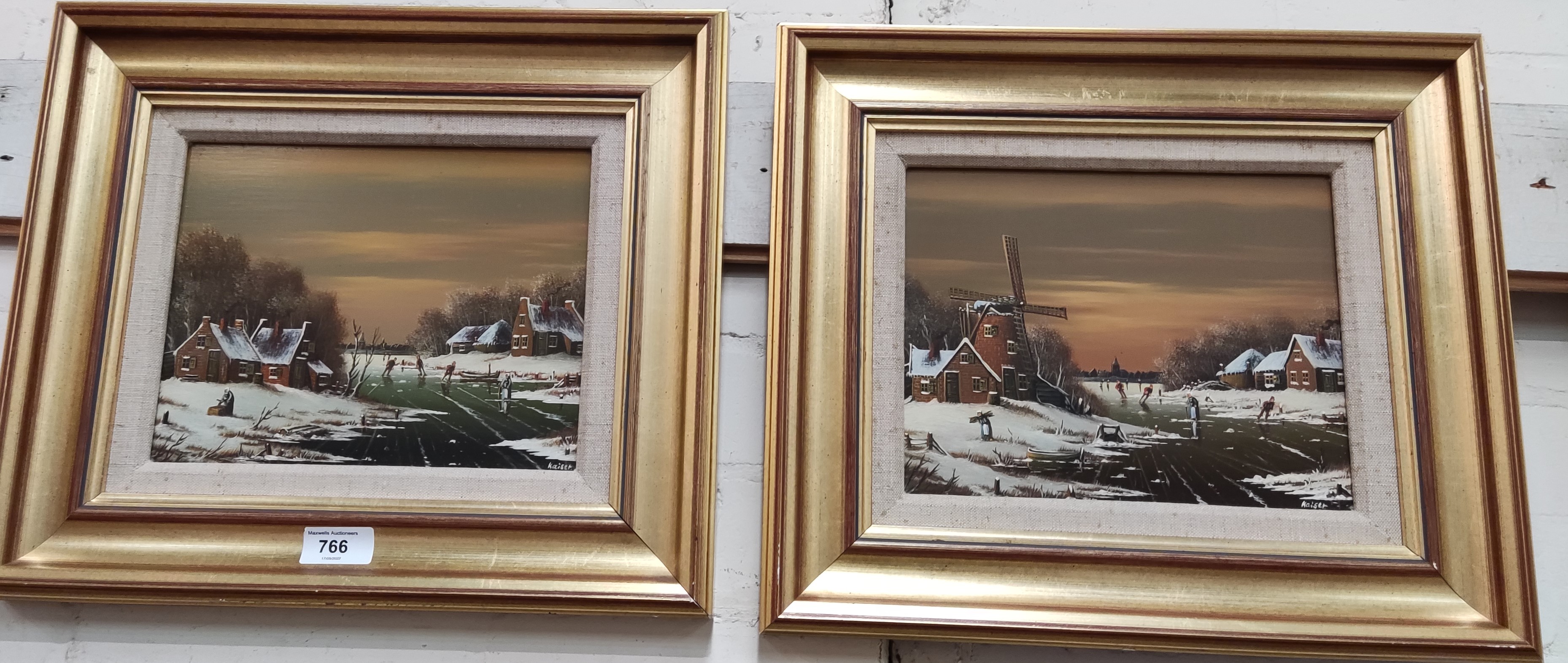 Kaiser:  Continental villages in winter, pair of oils on canvas, signed, 19 x 24 cm, framed; A