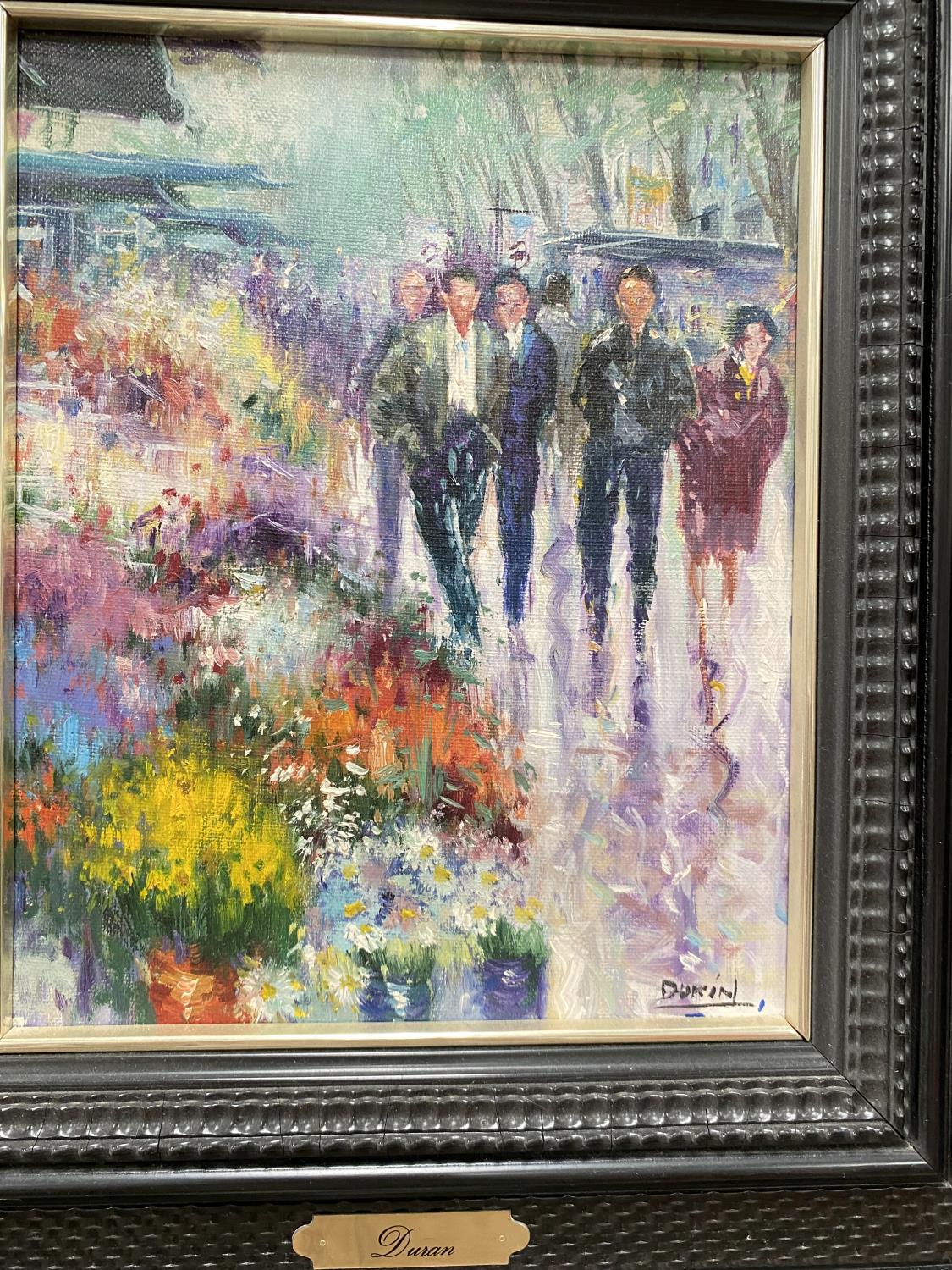 Duvan:  Impressionistic street scene with figures and flower sellers, pair of oils on canvas, 24 x - Image 2 of 3
