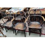 A 19th century set of 3 elm Windsor armchairs with low backs (1 a.f.; 1 replacement stretcher)