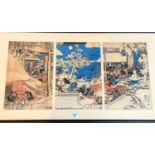 A Japanese wood block Triptych after Utagawa Sadahide Samurai attacking, framed and glazed, each