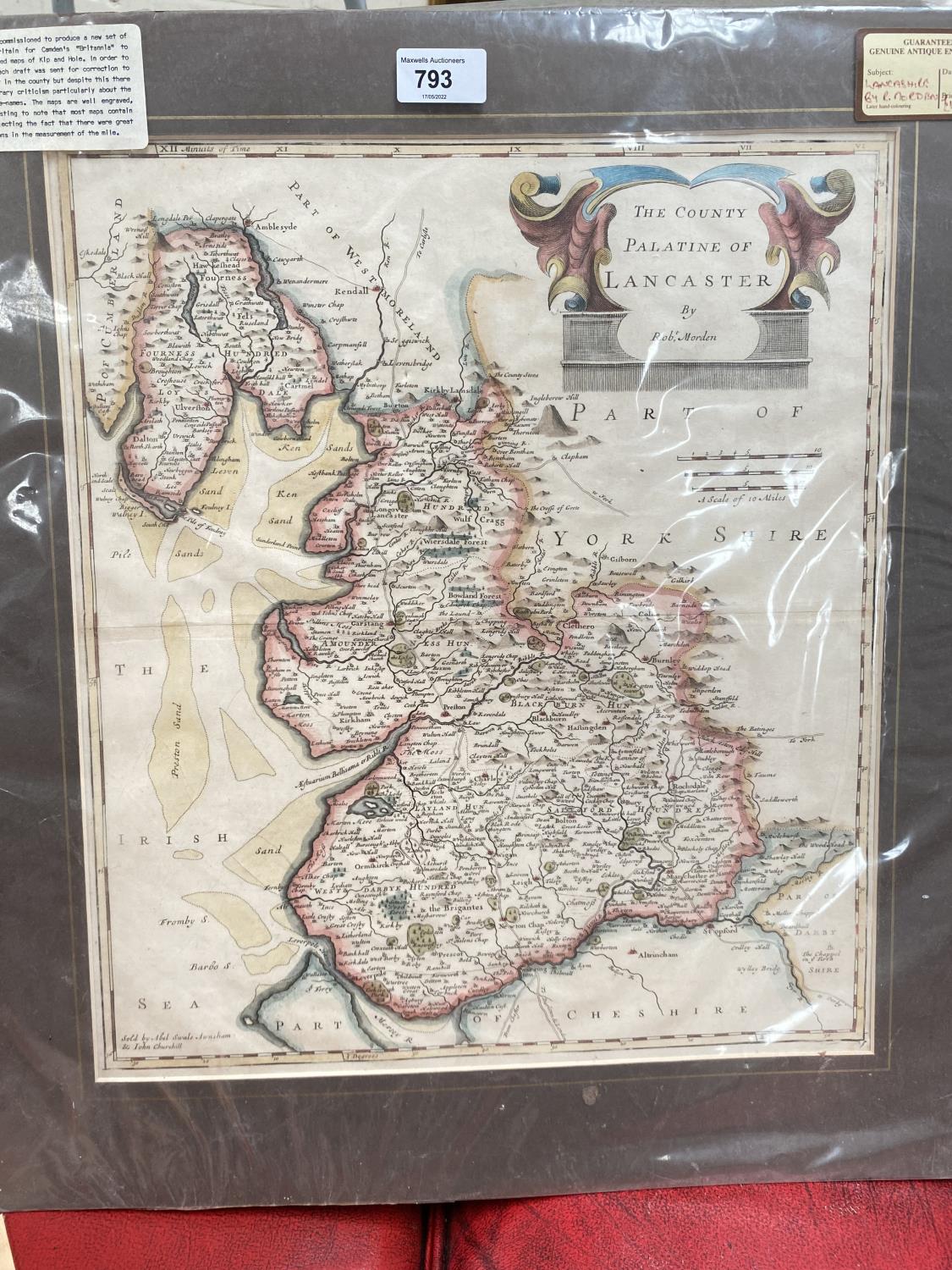 Robert Morden:  "The County Palatine of Lancashire", 42 x 36 cm, unframed; an antique road map of