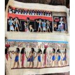 A pair of Egyptian gouache paintings on papyrus, 43 x 85 cm; and another, 63 x 92 cm, mid 20th