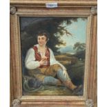 A 19th century school farm worker resting with a pint of ale, oil on board, unsigned; a framed print