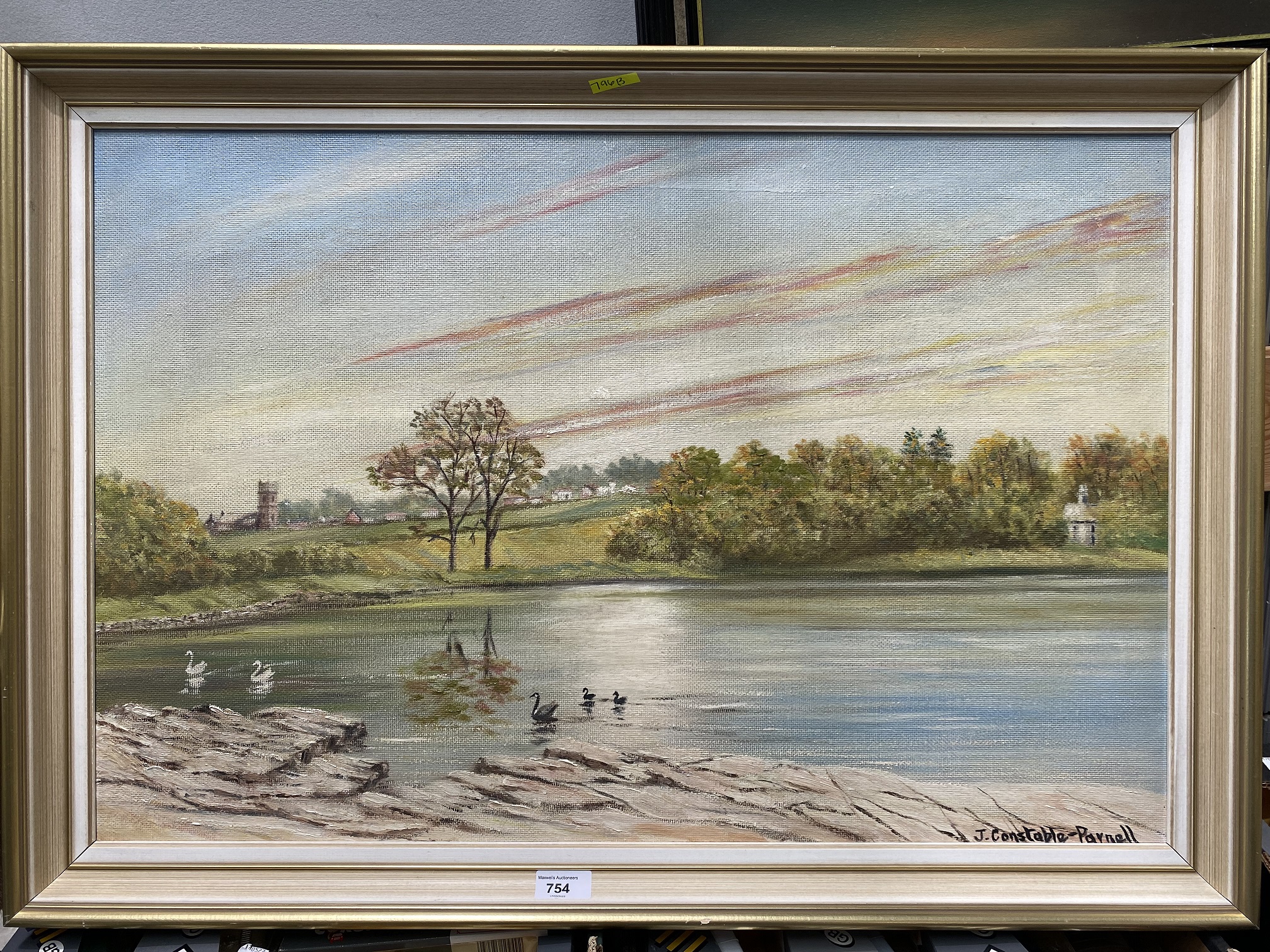 J.Constable-Parnell, river landscape, oil on board, signed, 49 x74cm, framed