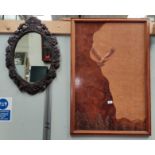 A marquetry picture:  eagle over mountains, 90 x 59 cm; an oval wall mirror in carved frame; a set