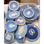 A selection of Wedgwood light blue Jasperware:  plates; small dishes; plaques; etc.