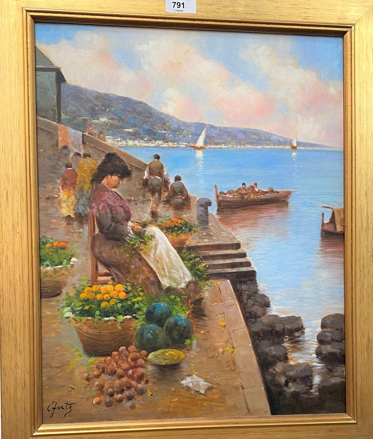 C Fortz:  Fruit and flower seller on a quayside, oil on canvas, signed, 49 x 39 cm, framed