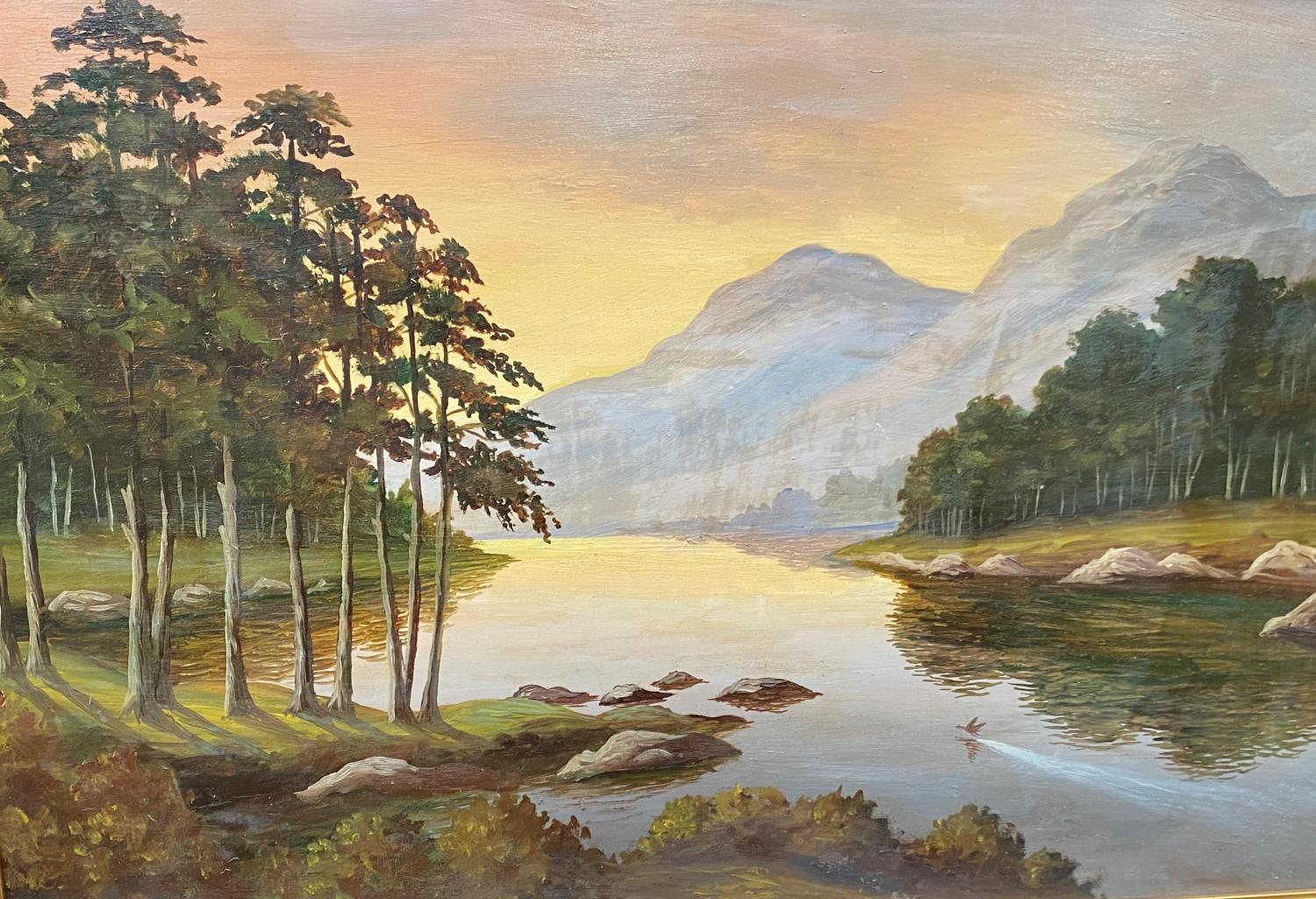 Frank Baldwin: Oil on board, sunset river and mountains, gilt frame, 50 x 74cm; a chalk picture of a