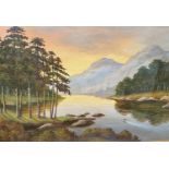 Frank Baldwin: Oil on board, sunset river and mountains, gilt frame, 50 x 74cm; a chalk picture of a