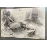 20th Century:  reclining female nude, charcoal sketch, signed indistinctly, 89 x 75 cm, framed and