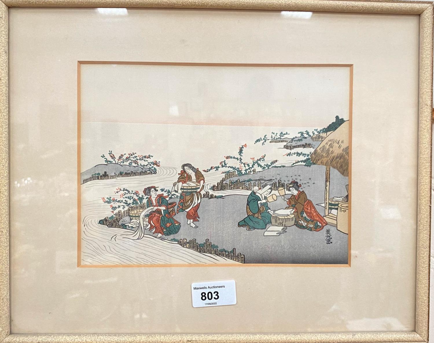 Early 20th Century:  shoreline scenes with figures working, pair of Japanese prints, 3 character