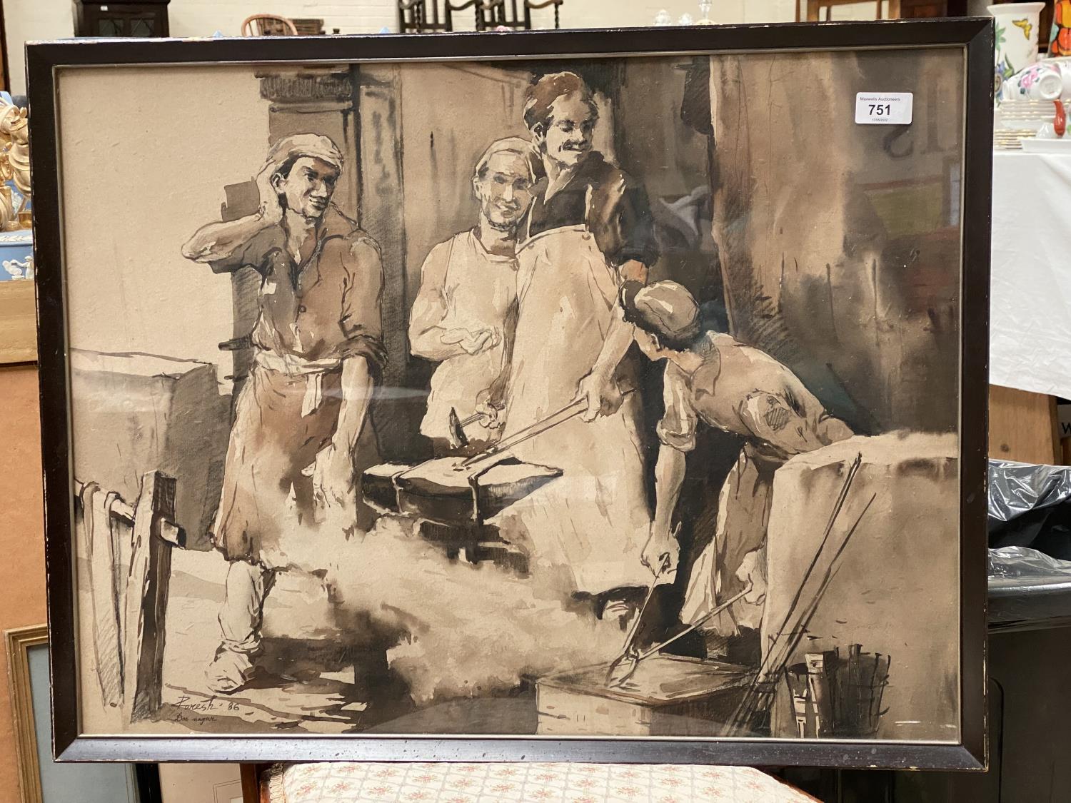 Paresh Malty, b. 1965 India:  Blacksmith scene with 4 men around an anvil, monochrome gouache on