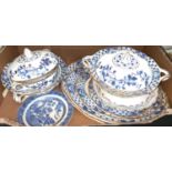 2 Woods ware blue & white lidded tureens with gilt highlights; a similar small bowl (no lid) 3