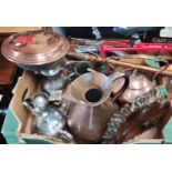 A 19th century copper kettle and warming pan; silver plate and other metalware