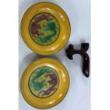 A pair of Chinese porcelain saucer dishes decorated with incised and enamelled dragons, further