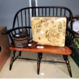 A doll's Windsor type settee with stick back; a doll's chair by Merrythought; a lacquered box and