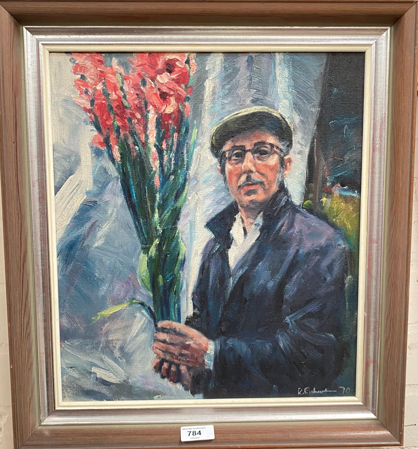 Bob Richardson, b. 1938:  "The Flower Seller", oil on canvas, 40 x 34 cm, framed