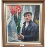 Bob Richardson, b. 1938:  "The Flower Seller", oil on canvas, 40 x 34 cm, framed