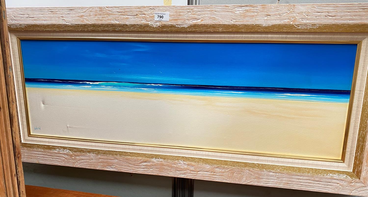Walton 20th Century Cornish, Beach sea and sky, oil on canvas, signed, 29 x 90 cm, framed; 2 similar