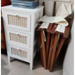 A pair of 'director's' folding chairs; a 3 height cane and white bedside cabinet