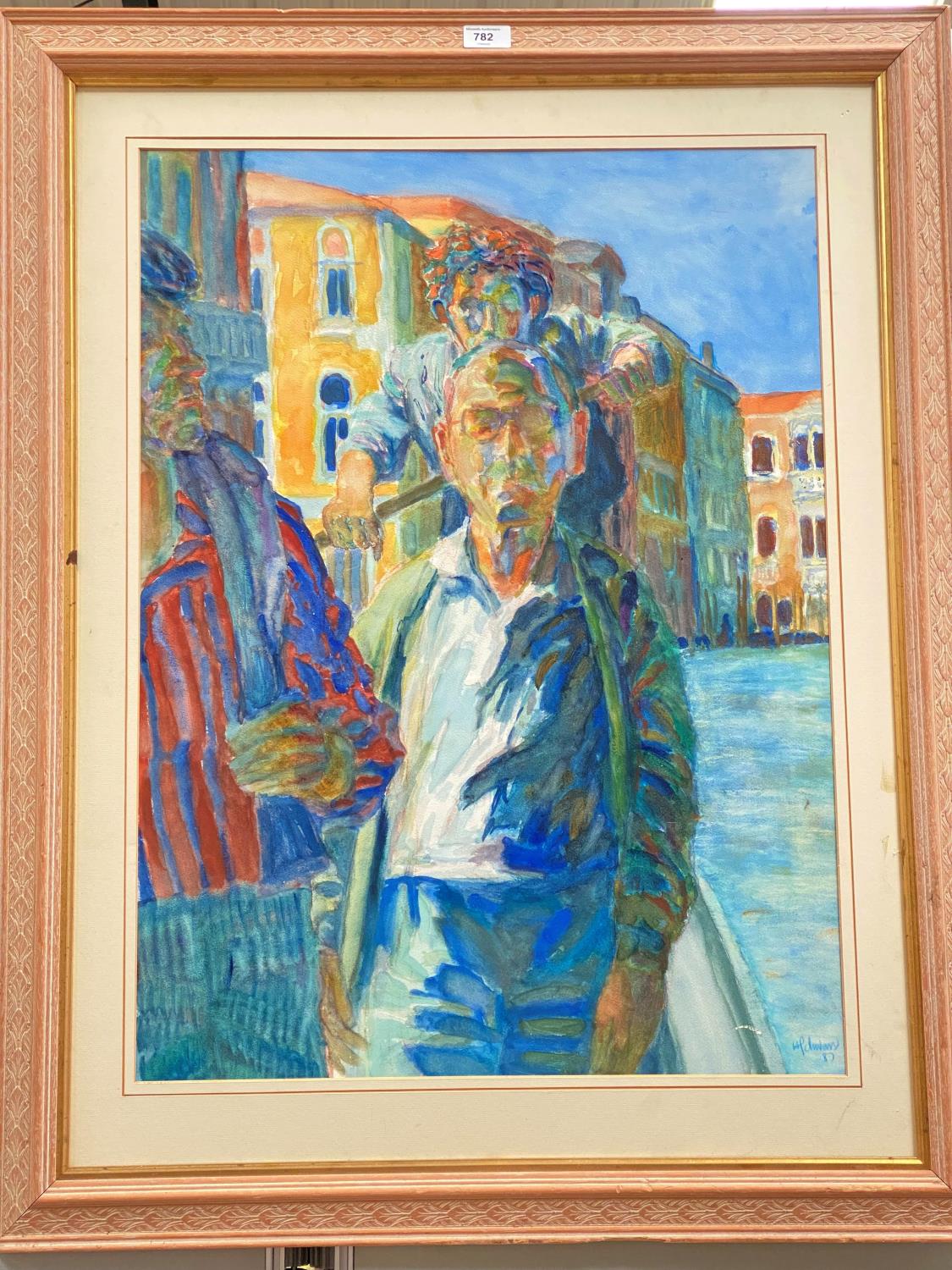 Hans Schwarz, 1922-2003:  Impressionistic scene in  Venice, man in a gondola, watercolour, signed,